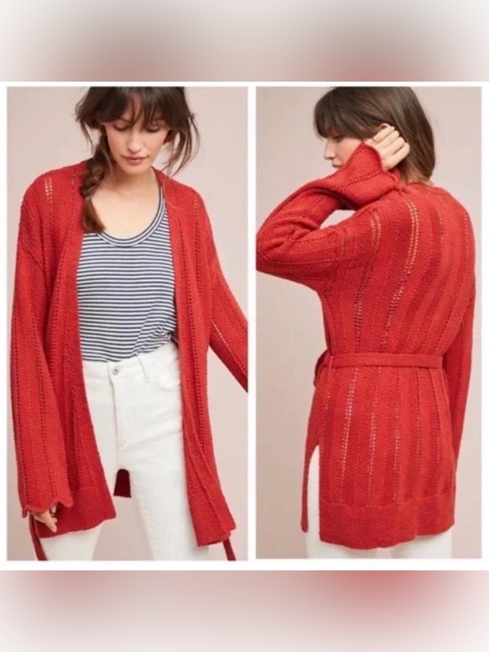 Anthropologie Brick Red Open-Front Knit Cardigan with Belt